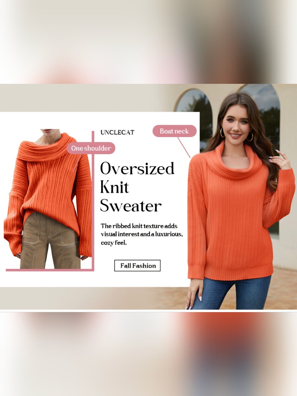 Ribbed Off-Shoulder Cowl Neck Sweater - Orange #1305 - Picture 5 of 7